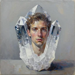 a perfect thick oil impasto painting of a man trisected within a salt crystal