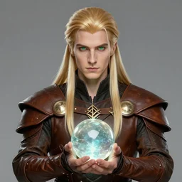 portrait character design a male elven sorcerer with honey blond long smooth hair, green eyes, leather armor, holding a crystal ball, style of final fantasy and kingdom hearts and arcane, 3 d animation demo reel, portrait studio lighting by rebecca guay and alphonce mucha and gaston bussiere,