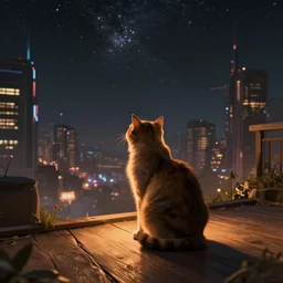 cat sitting on a wooden deck, staring into the sky, night, dramatic warm lighting, futuristic cyberpunk cityscape in background, stellaris concept art, utopia