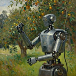 oil painting lanscape by anders zorn, nature, fruit trees, very very very very beautiful art, dramatic light, complex robitics closeup, motorized robot