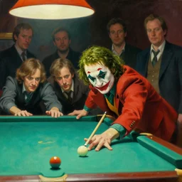 highly detailed oil painting of the joker playing pool | very intricate | cinematic lighting | award - winning | craftsman | by charlie bowater, by greg rutkowski, by j. c. leyendecker and edmund blair leighton, beautiful cinematic light, american romanticism, by anders zorn, by greg manchess, by jessica rossier, artstation, cgsociety, official art, octane