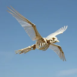 a bird skeleton flying in the sky, hyperrealistic, 3D
