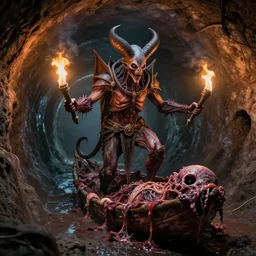 airbrush baphomet, sewage tunnels with primitive flesh raft, of rotten flesh, wayne d barlowe, syd mead, enric torres, hyper realism, narrative light, muted colors, epic, hyper detailed, awe inspiring, award winning horror, torch lighting, hyper realism, cinematical