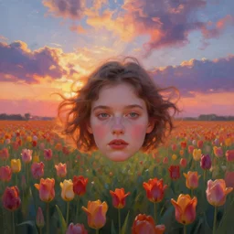 tulip face, girl floating in a flower field, surreal photography, sunrise dramatic light, impressionist painting, colorful clouds, digital painting, artstation, simon stalenhag