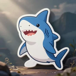 die cut sticker of anime chibi cute smiling shark drawn by charles bowater