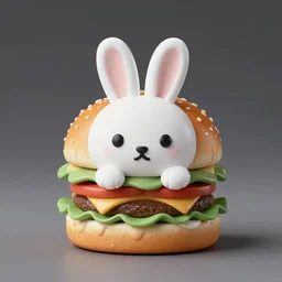 burger but the buns are a white bunny with black spots on their face and nose, 50mm, professional photography,
