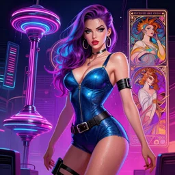 cyberpunk pinup, sweat drops, neon hubs, 80s aesthetics, insane, intricate, highly detailed, digital painting, artstation, concept art, smooth, sharp focus, illustration, Unreal Engine 5, 8K, art by artgerm and greg rutkowski and alphonse mucha