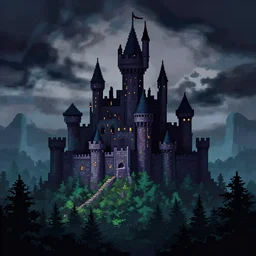 cyberpun pixelart castle in forest, dramatic sky, contrasty art by greg rutkowski and synthwave
