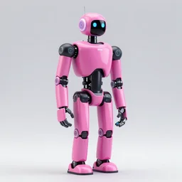 a vibrant photograph of a tall, pink, slender, humanoid robots in a rollerblade, large shot, wide shot, in miami beach, sunset photo at golden hour,