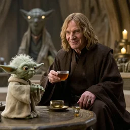 Emperor Palpatine smiling and having tea with Yoda in his hut on Dagobah