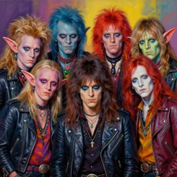 apocalyptic squalor goblin characters posing together for a professional group photo, psychedelic vibrant colors, punk rock fashion, oil painting by michael whelan art, perfect faces, sharp focus, detailed eyes, realistic, long hair, leather jackets, 8 0 s hairstyles, 8 k
