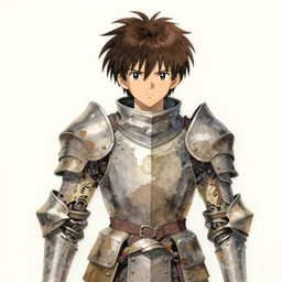 naturalistic portrait of a young scrappy cyborg warrior knight, representational earth tones, stunning clarity experimental cut paper mixed media blotchy character shape design by masaaki yuasa, pleasing palette watercolor masterpiece