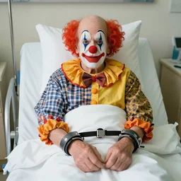 elderly clown with wrist restraints attached to hospital bed, greg rutkowski, photograph, 8 k