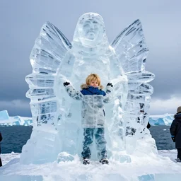 ice sculpture. there is a little blonde boy trapped in the figurine made of ice. antartica