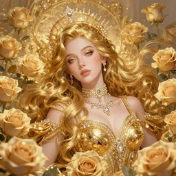 modern goddess of beauty wide angle view, roses, flowers, gold, diamonds, highly detailed, artgerm, cushart krenz, artstation, soft light, sharp focus, illustration, character design, concept art