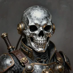portrait painting of a steampunk mercenary with a smiling silver skull mask, sharp focus, award - winning, trending on artstation, masterpiece, highly detailed, intricate. art by josan gonzales and moebius and deathburger