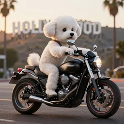 a photorealistic image of bichon frise riding a black motorcycle through Hollywood at sundown. This 4K HD image is Trending on Artstation, featured on Behance, well-rendered, extra crisp, features intricate detail and the style of Unreal Engine.