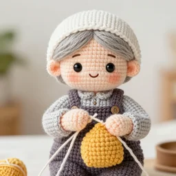 Product image of a cute crochet grandma made of crochet who's making a crochet. High resolution