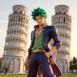 a 3 d render of jotaro kujo next to leaning tower of pisa, hyper - detailed, unreal engine 5, beautiful, the sun is rising, ultra - realistic