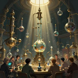 an alchemist fantasy lab, potions, stills, complex devices, concept art illustration, color page, tone mapping, akihiko yoshida, james jean, andrei riabovitchev, marc simonetti, digital illustration, greg rutowski, volumetric lighting, sunbeams, particles