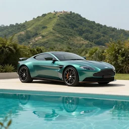 Aston Martin in hill Next to the pool,digital art,ultra realistic,ultra detailed,art by greg rutkowski