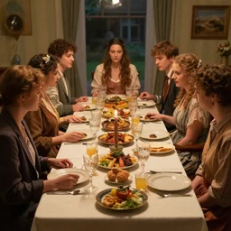 a table dinner where people are dressed like the characters from the midsommar movie, cinematic, hyperdetailed, ultrarealistic