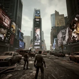 Times Square in ruins post-nuclear war in Fallout 4, in game screenshot
