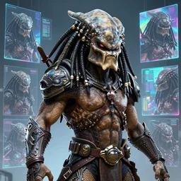 a portrait of the predator fantasy character portrait, ultra realistic, cinematic, concept art, wide angle, intricate details, hologram, highly detailed by peter mohrbacher, boris vallejo, hajime sorayama aaron horkey, gaston bussiere, craig mullins