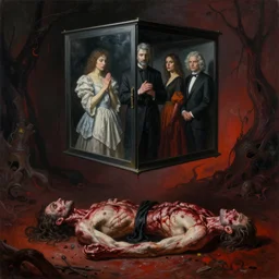 a grand scale painting of lament configuration box floating above skinned bloody man in hell by clive barker and alex grey and lisa frank and beksinski