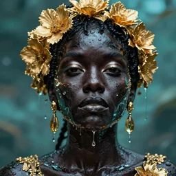 hyperrealistic neo rococo cinematic very expressive! black oshun goddess, open eyes, body in water, mirror dripping droplet!, gold flowers, highly detailed face, digital art masterpiece, smooth eric zener cam de leon dramatic pearlescent teal light, ground angle uhd 8 k, sharp focus