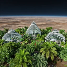 3 5 mm footage landscape photography of a glass sci - fi colony, greenhouses and lush plants on an otherwise desolate planet.