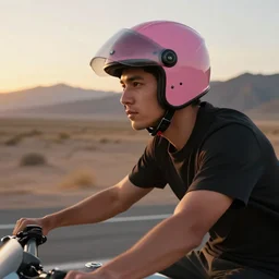 close - up photo of young man riding a motorcycle on a desert road, wearing a pink modular helmet, mountains in background, sunset, golden hour, cinematic, octane, 4 k, 8 k, art gallery masterpiece by louis klemantaski and james moy