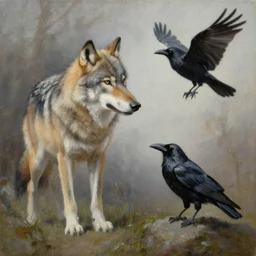 the wolf and the raven, oil on canvas