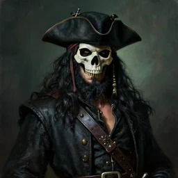 masterpiece painting of a pirate lord with long black beard long black hair wearing a skull mask with a black coat and black hat, menacing, dramatic lighting, featured in artstation, concept art by Greg Rutkowski, WLOP, Dan Mumford, Christophe Vacher