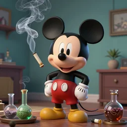 Mickey Mouse smoking a joint in his apartment, stoned eyes, smoke, bongs on the table, highly detailed, amazing digital art, trending on artstation