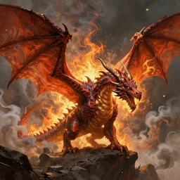 fantasy literature style illustration of a dragon with huge wings, flames, smoke, rich details, artwork by andreas rocha and james gurney