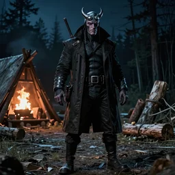 Hellboy on a Canadian lumber camp at night