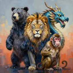 painting of hybrid between bear & lion & dragon & monkey, intercrossed animal, mixture animal, by tiffany bozic, by zdzislaw beksinski, cold hue's, warm tone gradient background, concept art, beautiful composition, digital painting