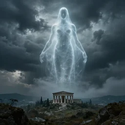 eerie, greek fantasy landscape, a giant translucent shining ghost figure in the stormy clouds, stanley kubrick movie frame