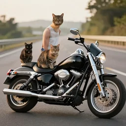 cats on Harley Davidsons on the highway, cinematic masterpiece, beautiful lighting