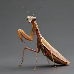 an anthropomorphic praying mantis, brown exoskeleton, flat pancake head, ultra detailed, 8 k, trending on artstation, award - winning art