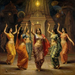 8 0's hindu womans are dancing on temple, painting by james jean, craig mullins, j. c. leyendecker, lights, art by ernst haeckel, john william godward, hammershøi