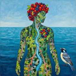 human with the sea and the forest inside, veins diverge through the body like rivers filmed on a satellite, a person is decorated with wild berries, a beautiful bird is looking at him next, art brut, colorful picture