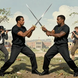 kanye west sword fighting Kanye east, epic fantasy, by norman rockwell