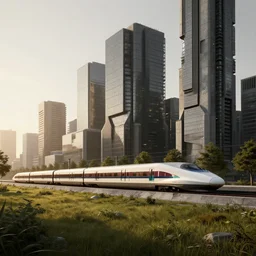 futuristic city center with 890J maglev train in background grass and trees, modern landscape architectural design for brutalist industrialpunk black and white concrete and glass, train with maroon, white and teal metallic accents, gorgeous lighting, golden hour, cyberpunk, 2077, dramatic lighting and composition, photography, 8k, origin 100i, star citizen concept art, single line, golden ratio, minimalistic composition, side profile, Tokyo, JR sc Maglev, TGV, Eurostar