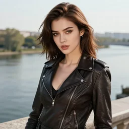 sexy girl with brown hair wearing a leather jacket, scenic view of river, in the style of ilya kuvshinov and rossdraws and artgerm, high definition anime art, gorgeous, sexy, hot
