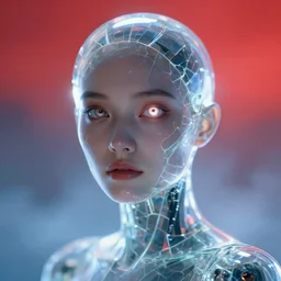 closeup portrait of a transparent beautiful cyborg girl angroid, shattered glass skin, glowing iris, cinematic light, backlight glow, red sky blue, mist, by mikhail vrubel, by philippe druillet, by peter elson, by gerald brom, muted colors, ( ( extreme detail ) ), trending on artstation, 8 k
