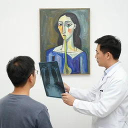 a doctor examinating a xray of a patient that swallowed a painting by picasso in a hospital filled with dripping colors