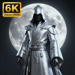 moon themed magic assassin with silver robes, highly detailed, 4k, HDR, award-winning, cinematic, artstation, octane render