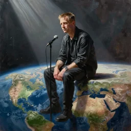 oil painting of trent reznor sitting with a microphone on the edge of world
